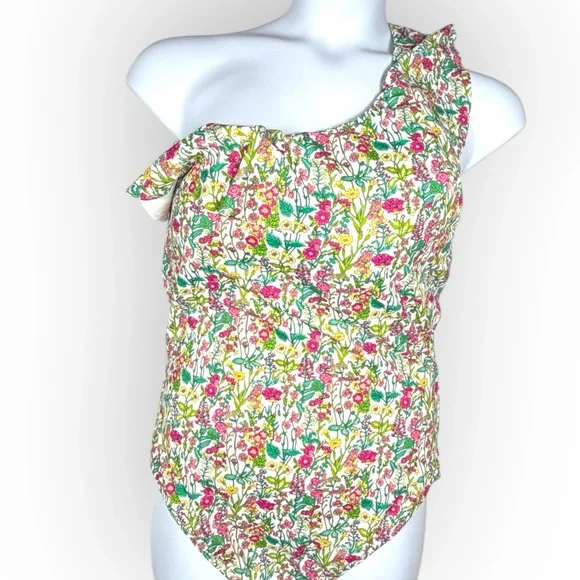 J. Crew One-Shoulder Floral One Piece in Green and Pink flutter Liberty Sz 16‎ - Picture 4 of 14
